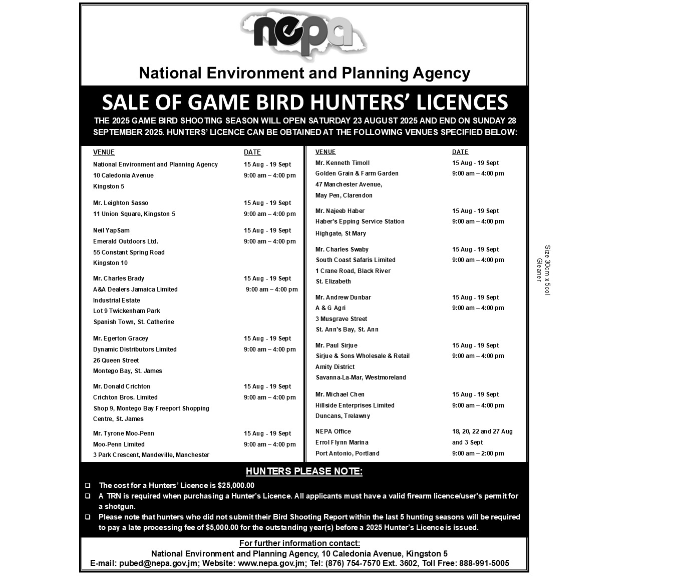 2025 NOTICE bird hunters Licence AD