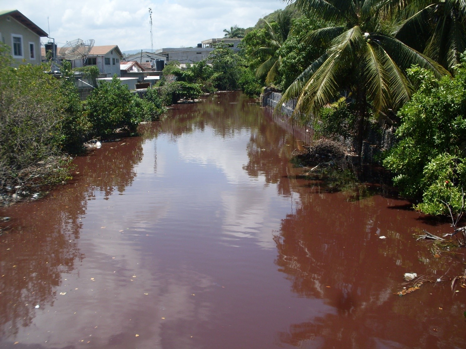 Photograph showing discolouration of the Outram River near bridge in Port Maria town centre; looking inland on August 13, 2019.